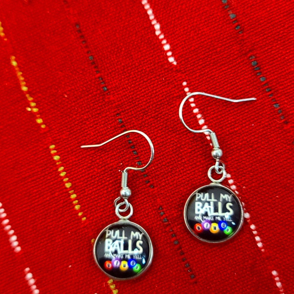 BINGO "Pull My Balls" Round Dangle Earrings NWT